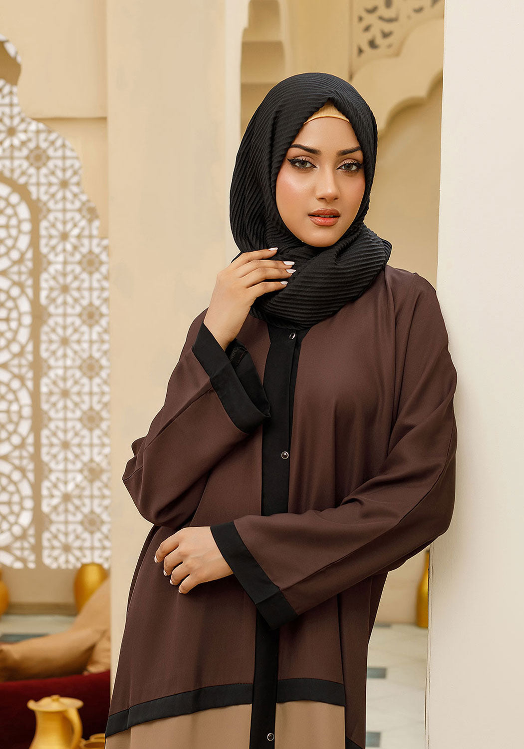 Bicolor Front Open Abaya Brown Beige - Main Image