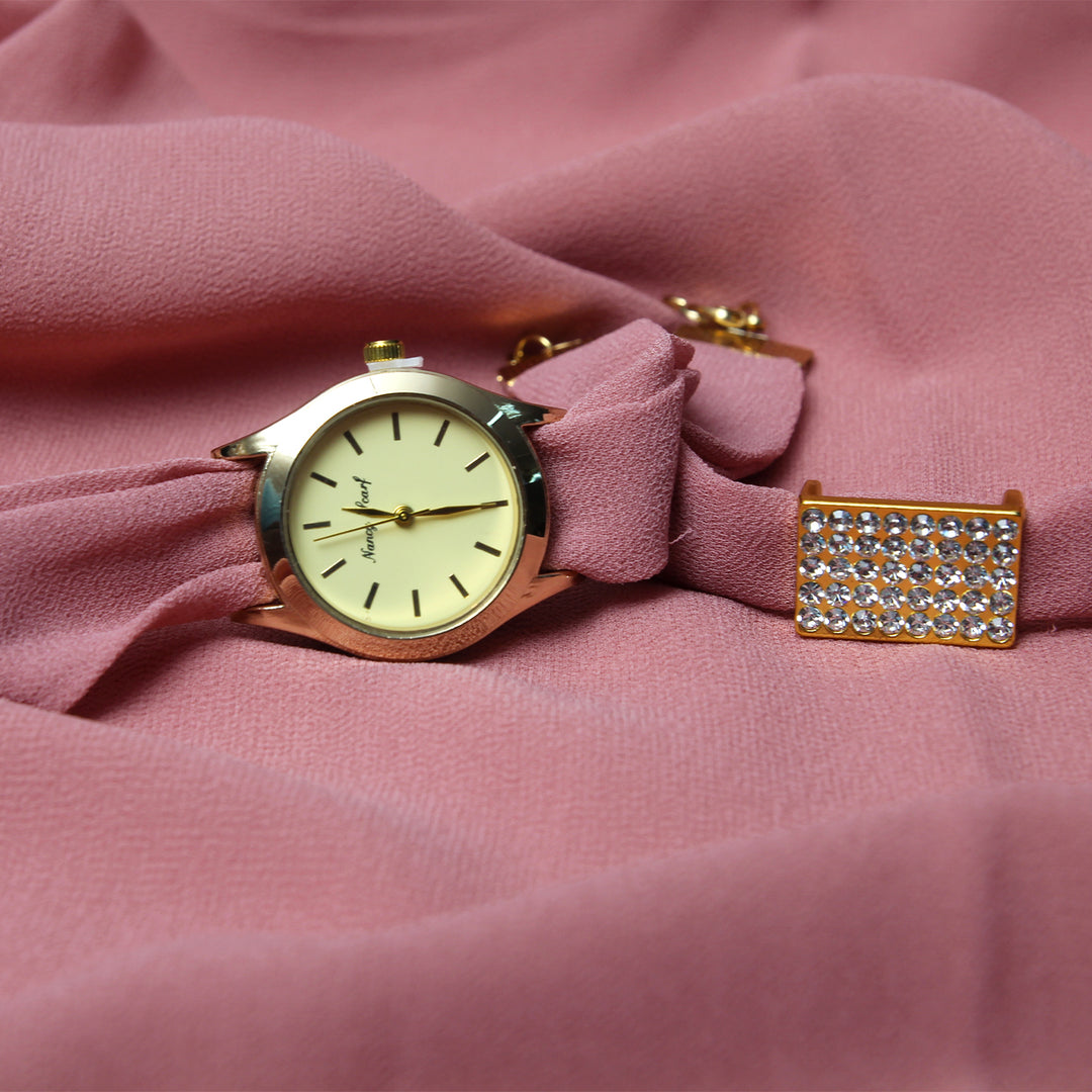 Hijab, Watch & Bracelet Matching Set - Tea Pink