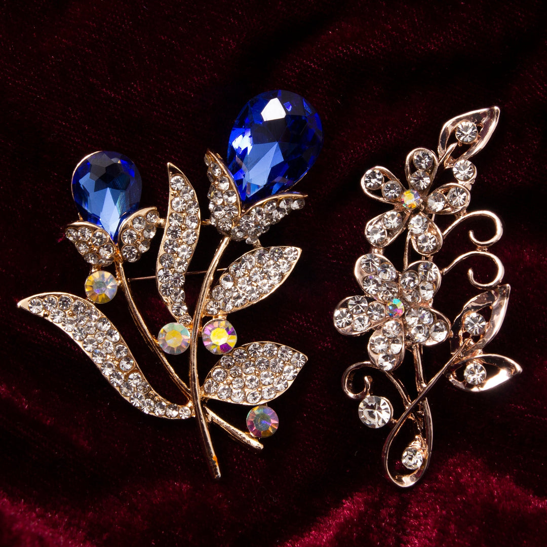 SET OF 2 BROOCHES BLUE DROP-CLEAR LEAF