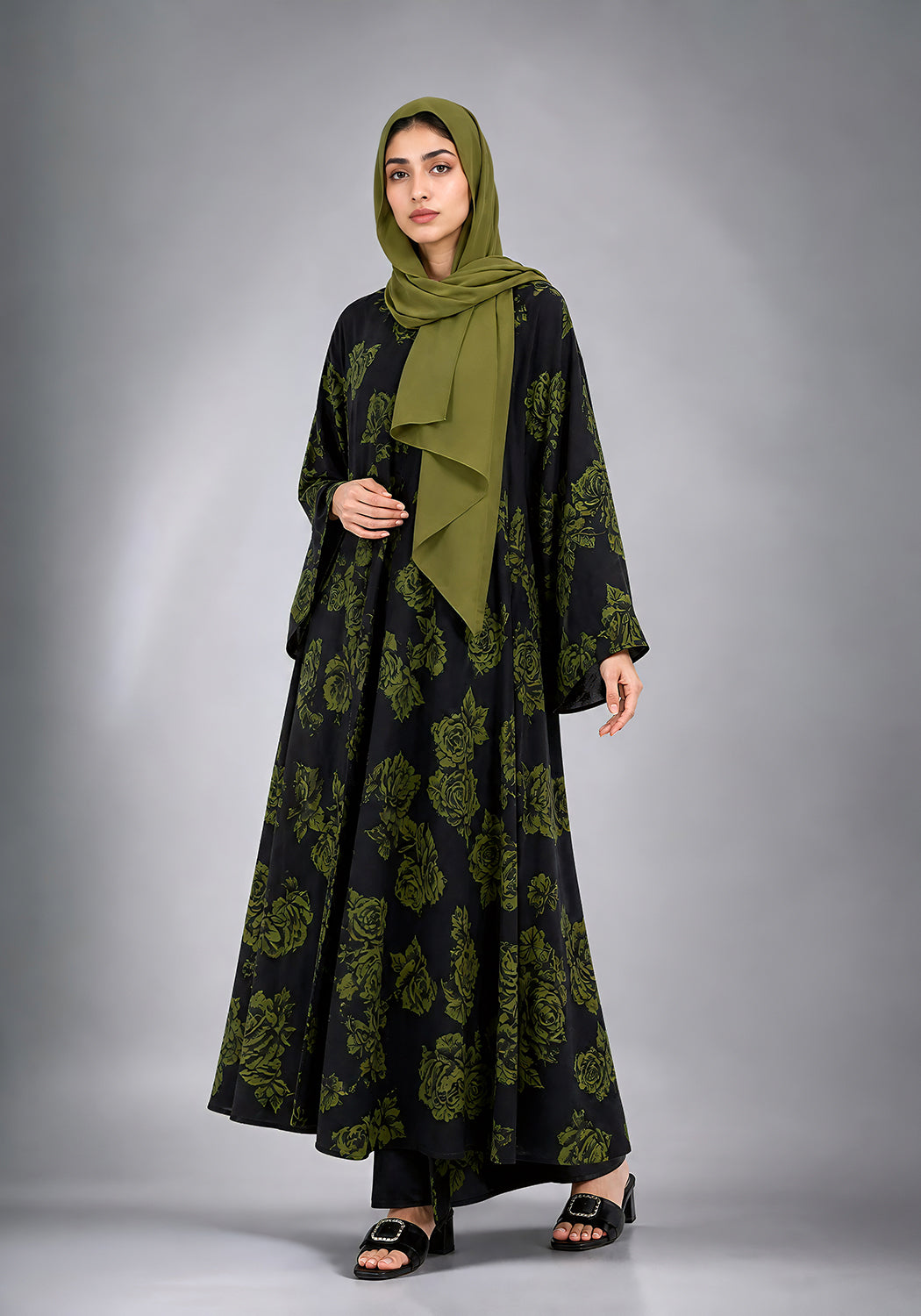Black and Green Printed Abaya