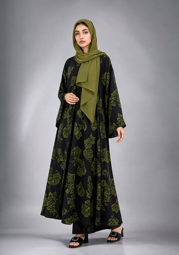 Black and Green Printed Abaya