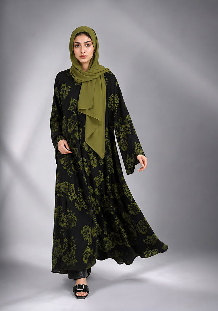 Black and Green Printed Abaya