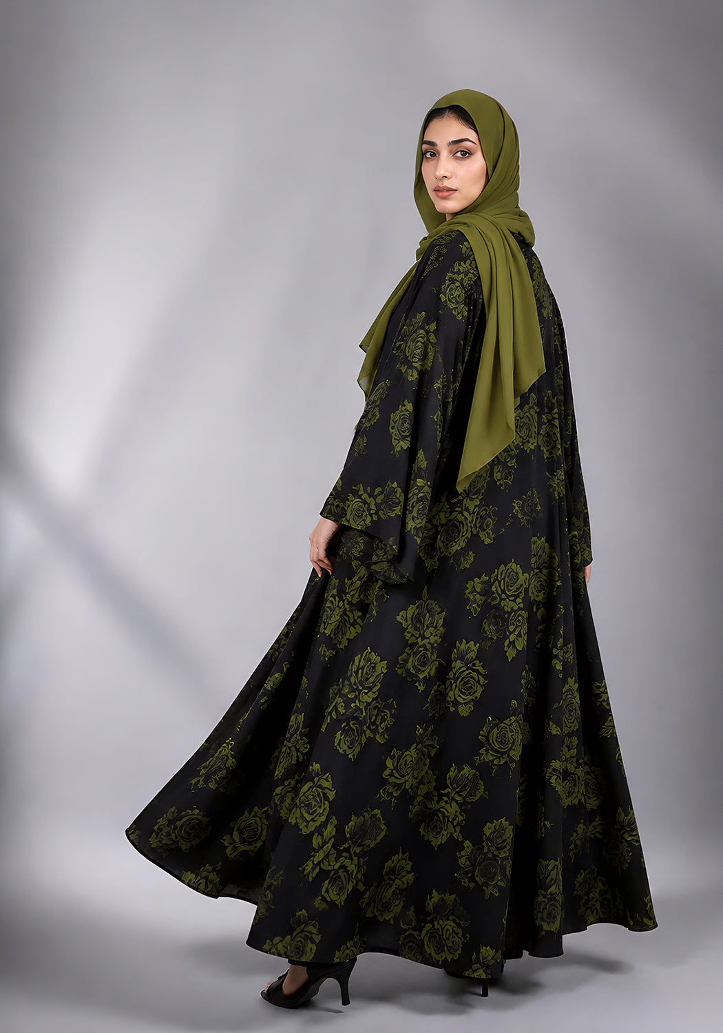 Black and Green Printed Abaya