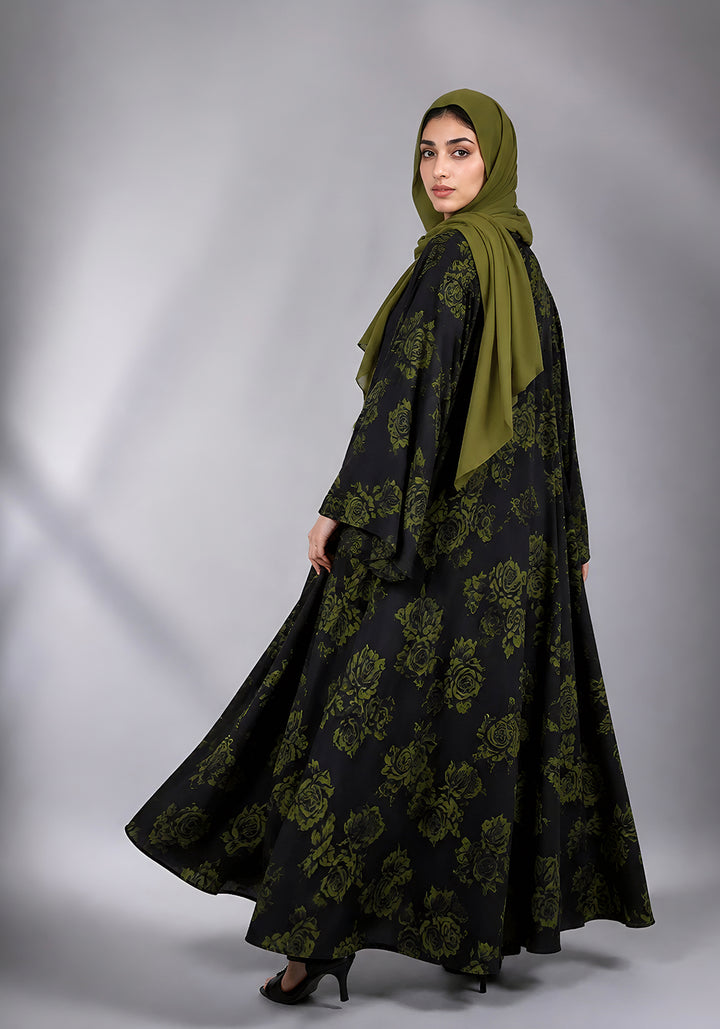 Black and Green Printed Abaya