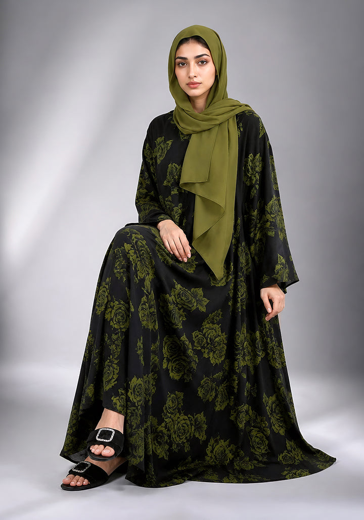 Black and Green Printed Abaya