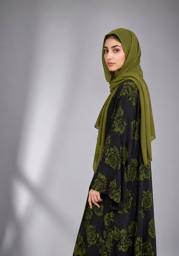 Black and Green Printed Abaya