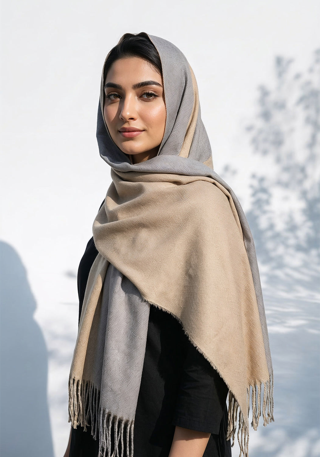Dual Cashmere Hijab - Grey - Cream