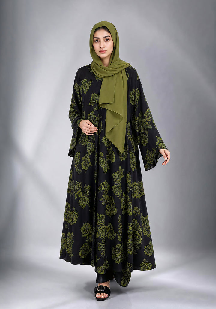 Black and Green Printed Abaya