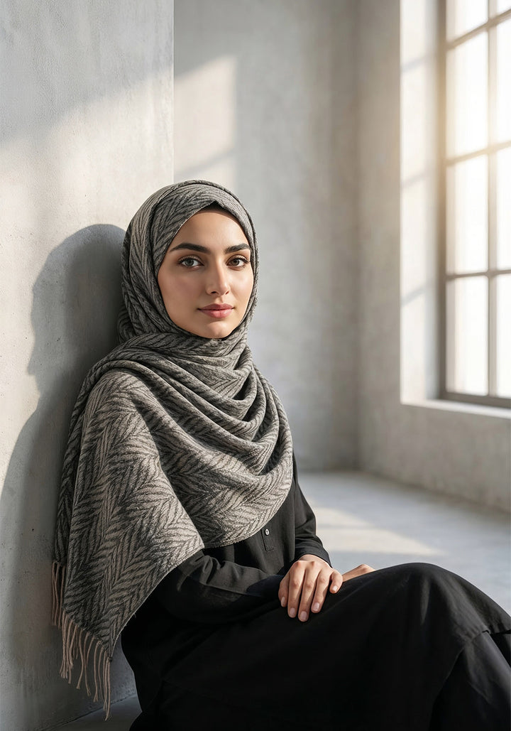 Palm Leaf Cashmere Hijab - Black-Fawn