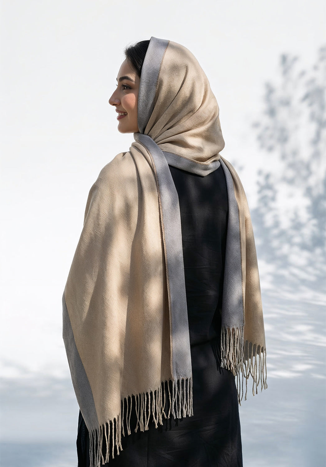 Dual Cashmere Hijab - Grey - Cream