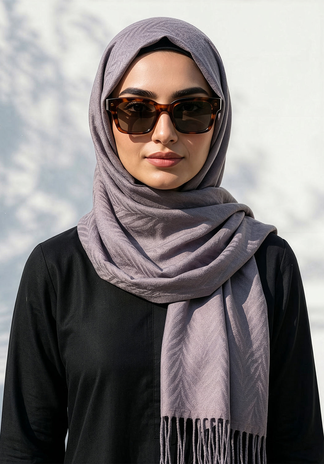 Palm Leaf Cashmere Hijab - Grey - Tea pink