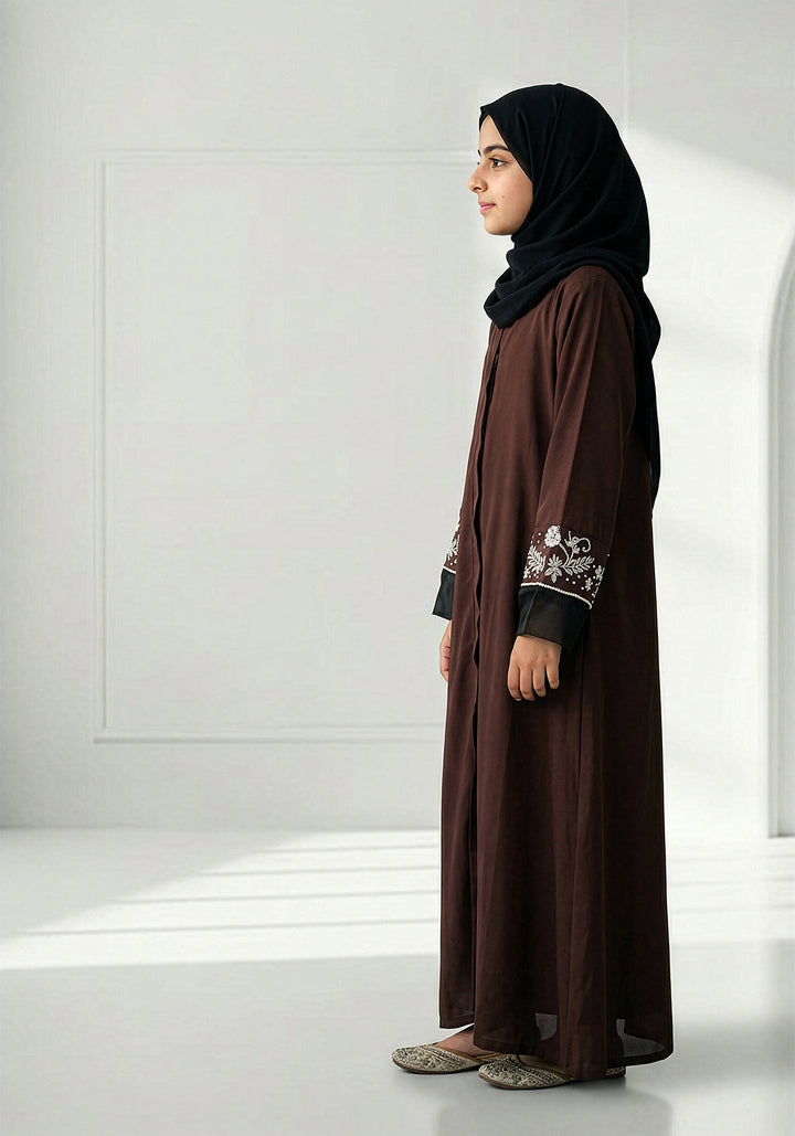 Chocolate Brown Kids Handwork Abaya