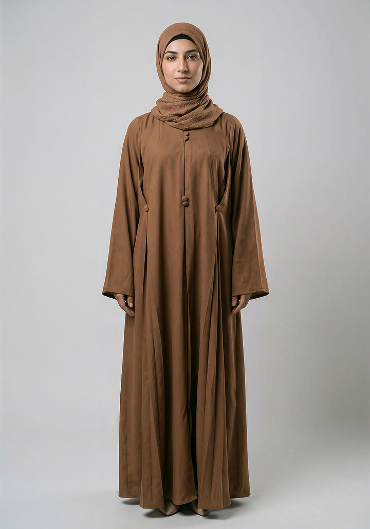 Free Size Pleated Button Abaya - Fawn