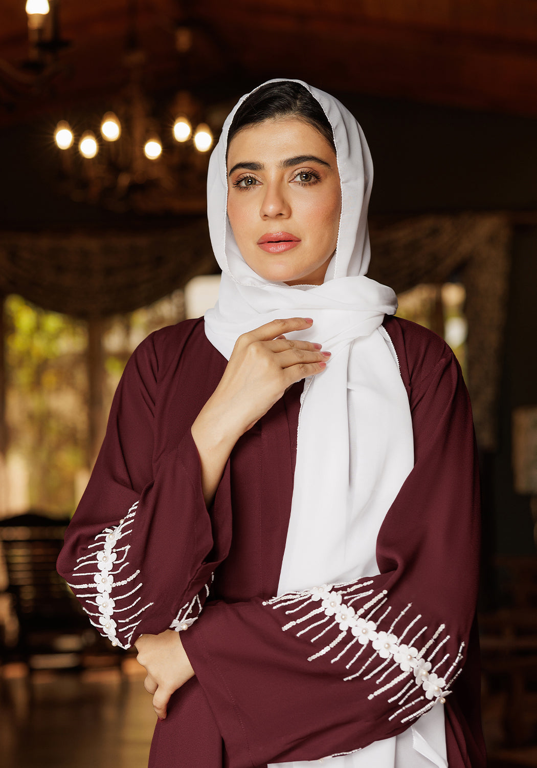 Maroon Abaya Handwork on Sleeves | Serene Threads
