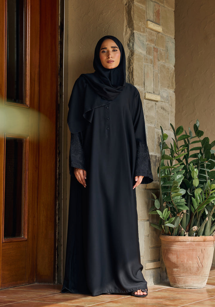 Black Front Close Embroidered  Abaya