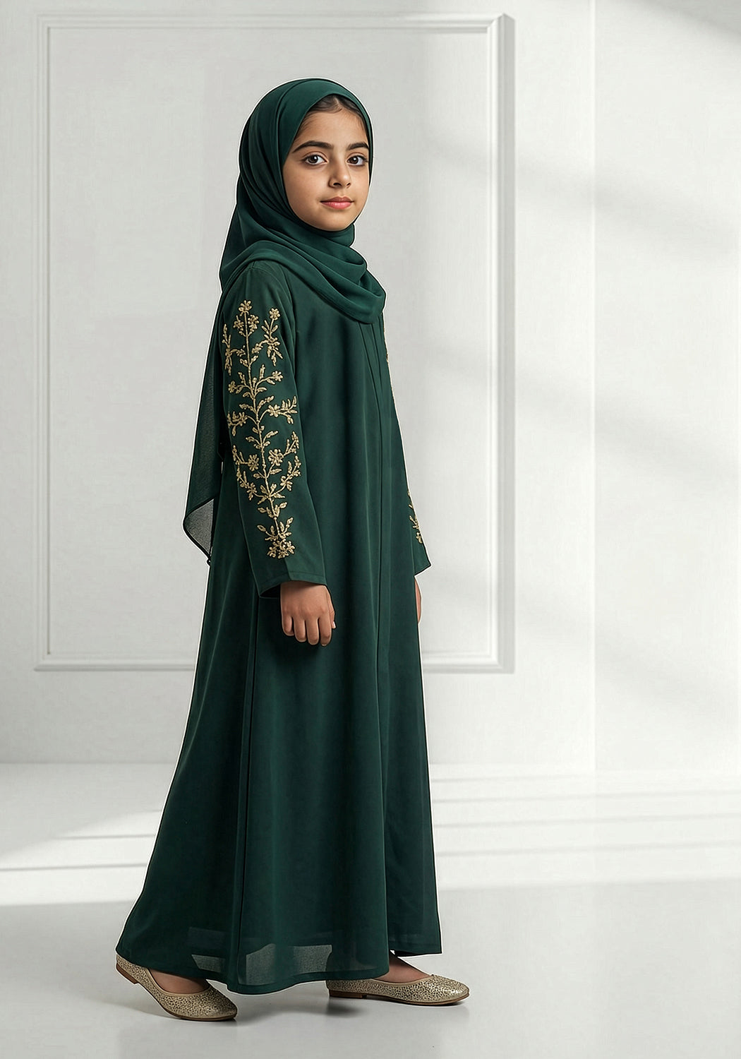 Bottle Green Kids Handwork Abaya
