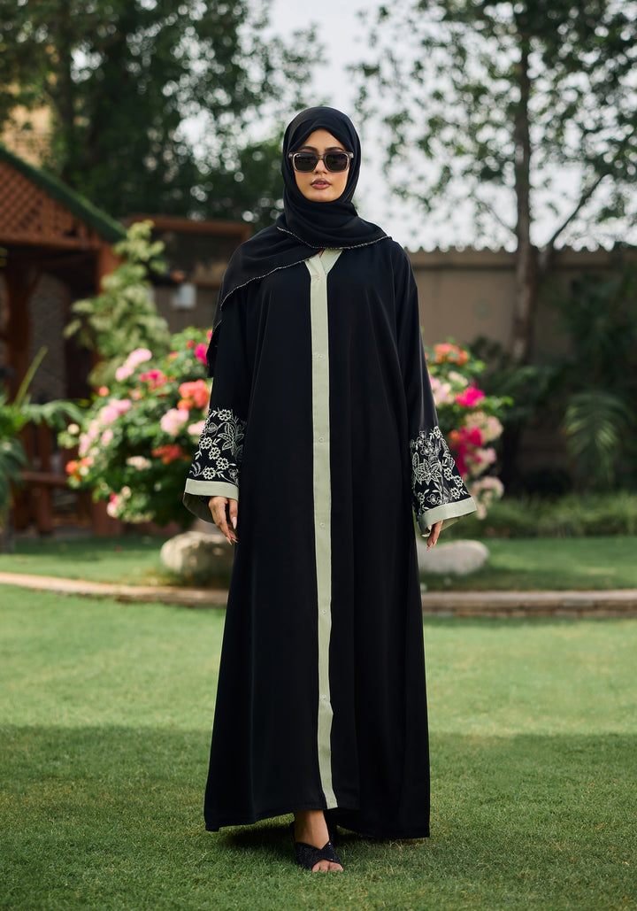 Black Front Open Embroidered  Abaya