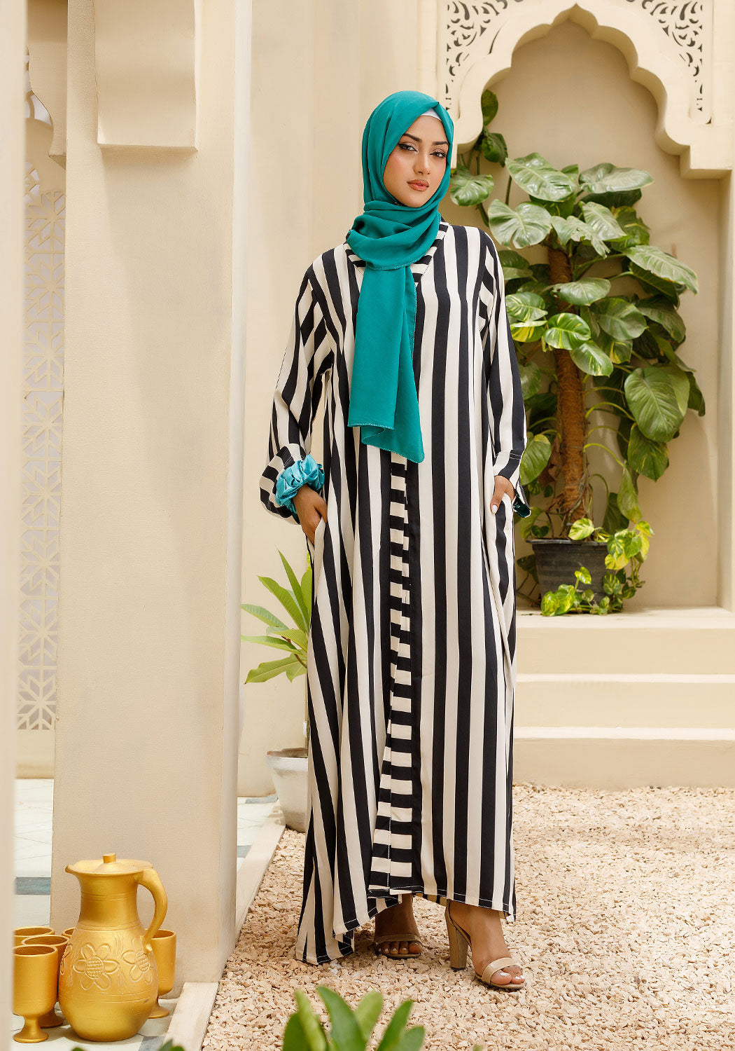 Striped Silk Front Open Abaya
