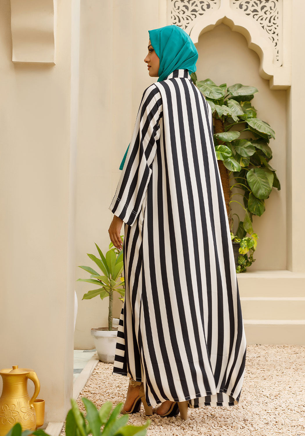 Striped Silk Front Open Abaya