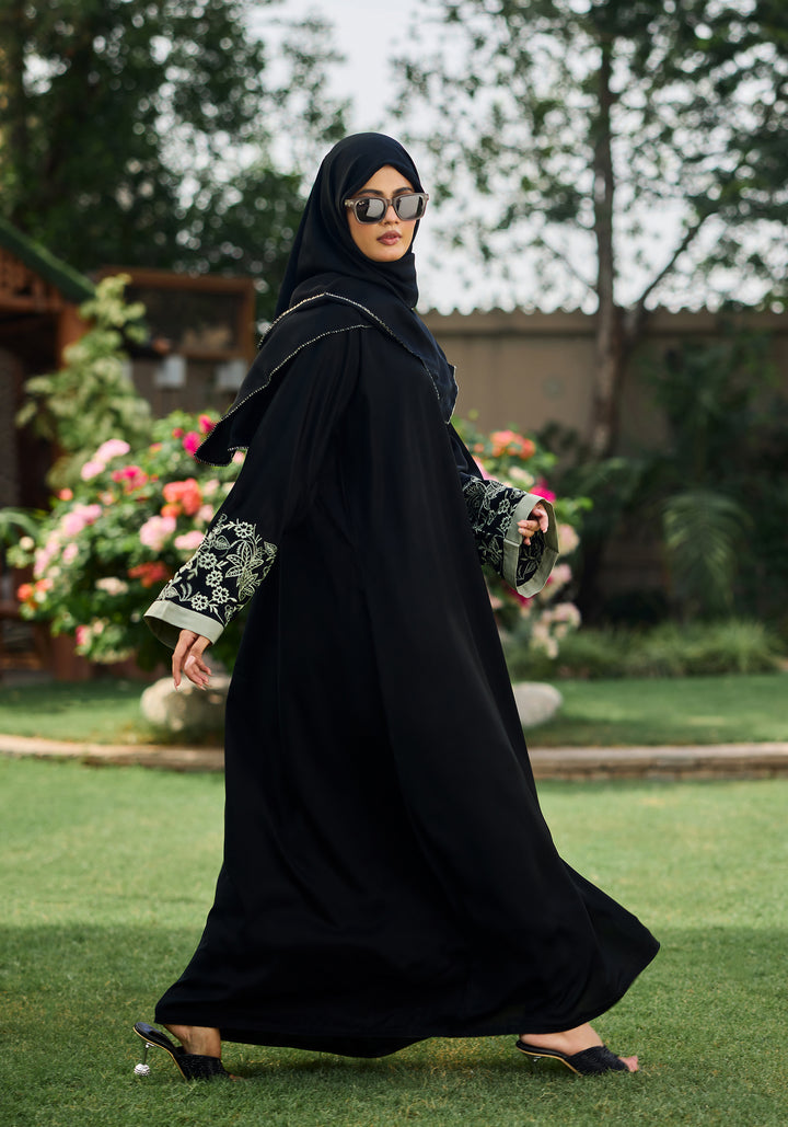 Black Front Open Embroidered  Abaya