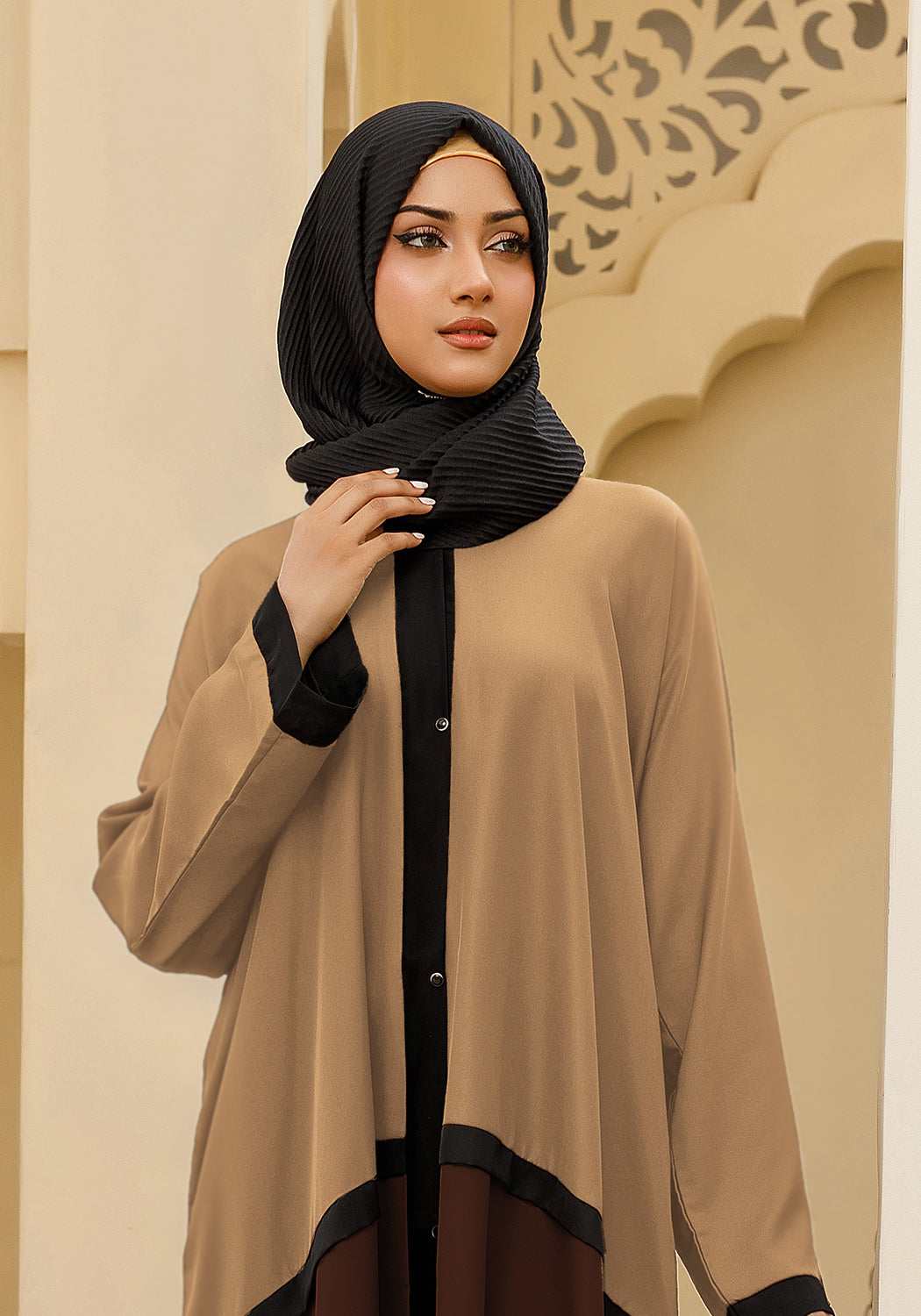 Bicolor Front Open Abaya - Beige and Brown