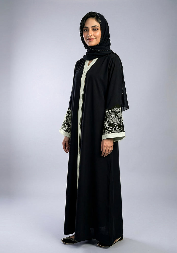 Black Front Open Embroidered  Abaya