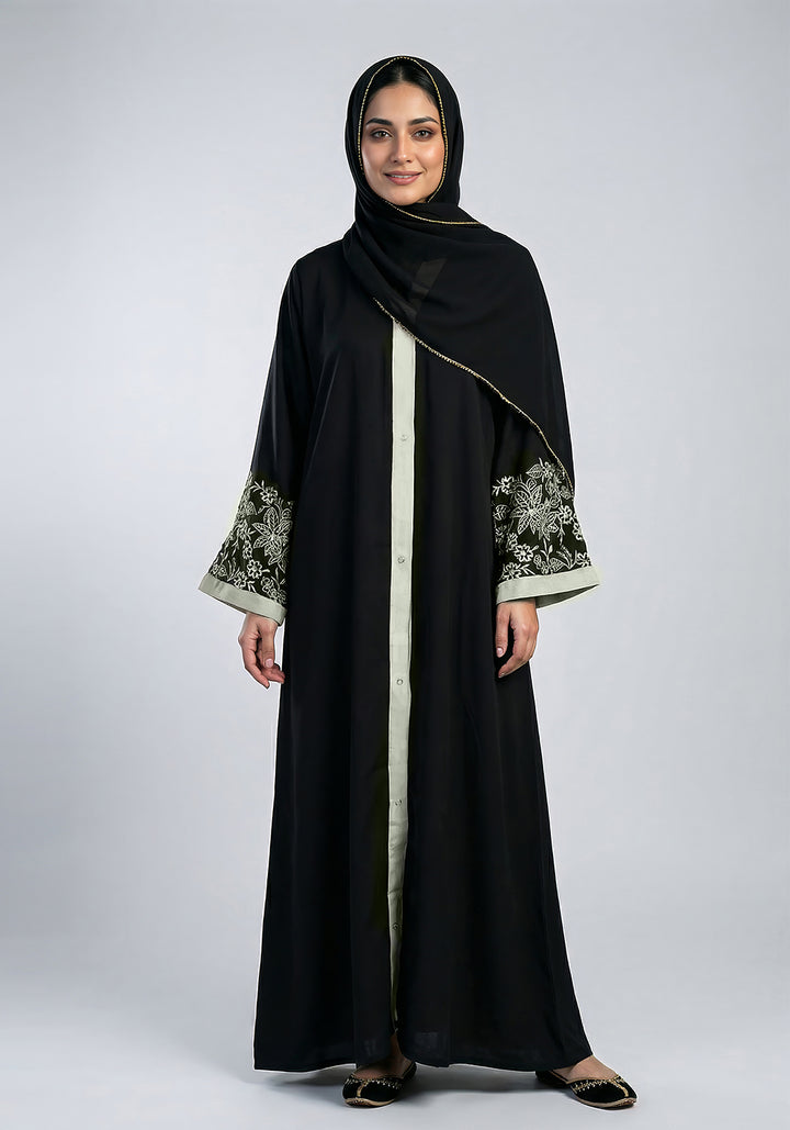Black Front Open Embroidered  Abaya