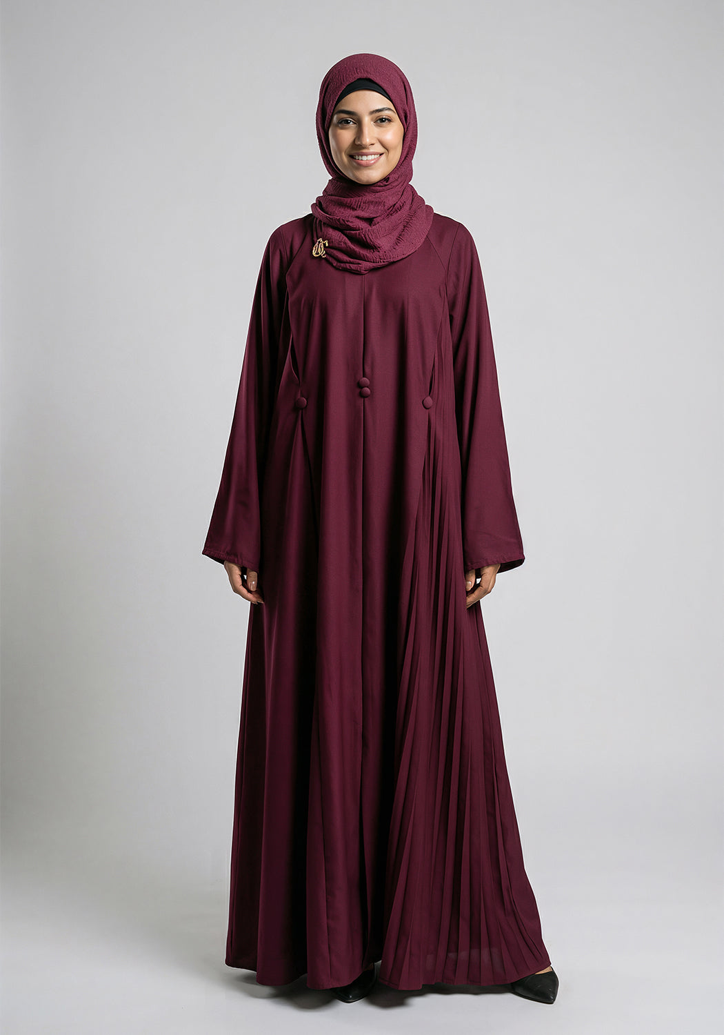 Free Size Pleated Button Abaya - Maroon