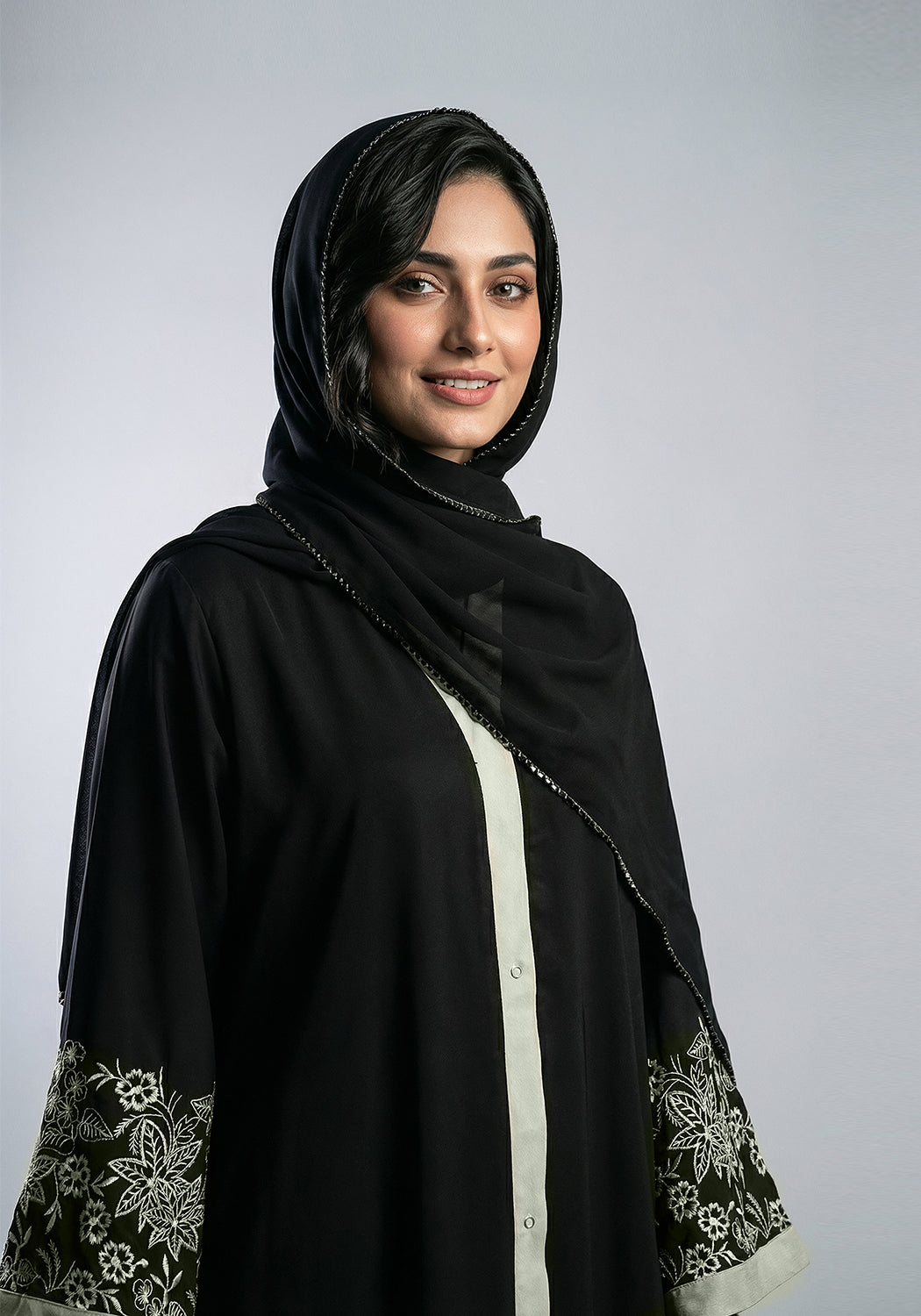 Black Front Open Embroidered  Abaya
