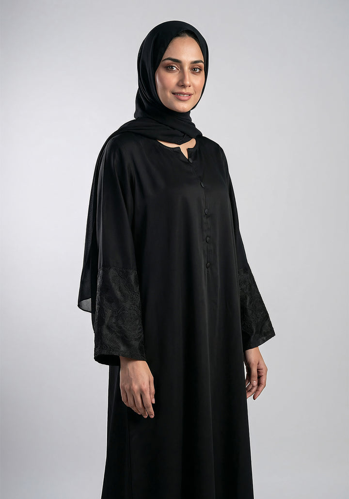 Black Front Close Embroidered  Abaya