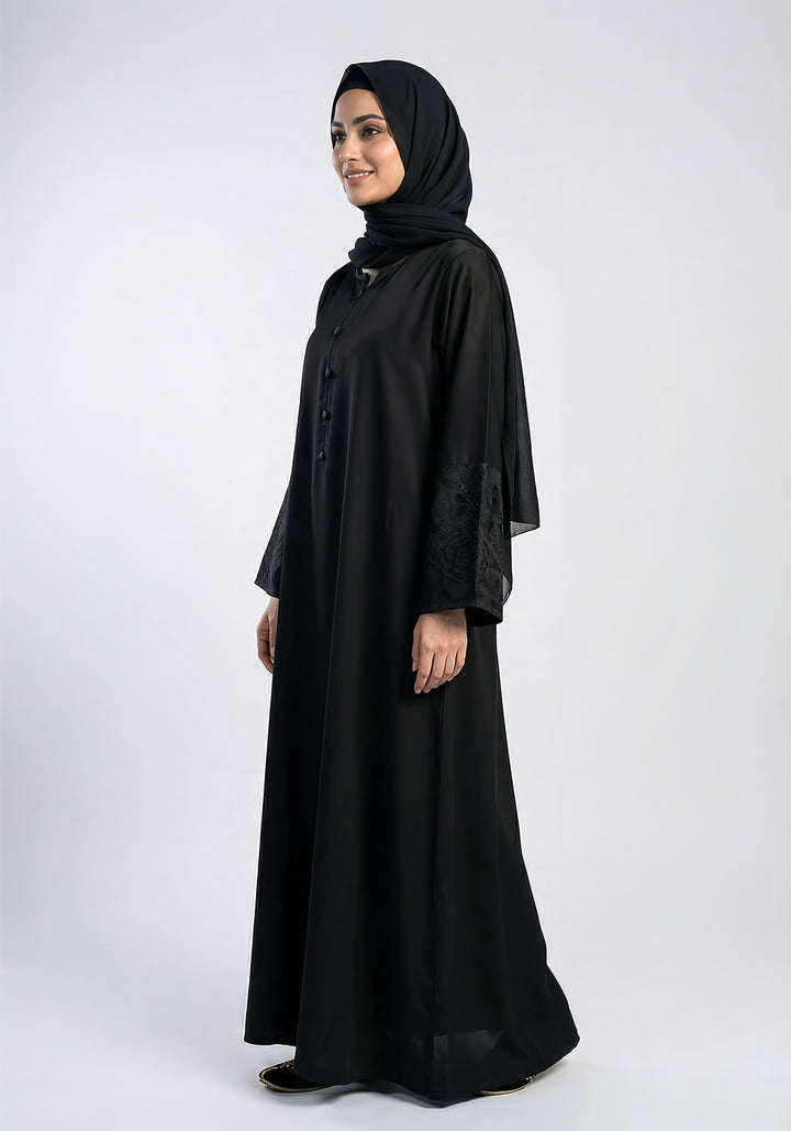 Black Front Close Embroidered  Abaya