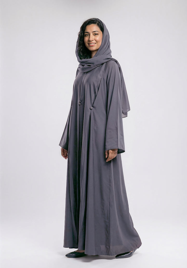 Front Closed Pleated Button Abaya - Grey
