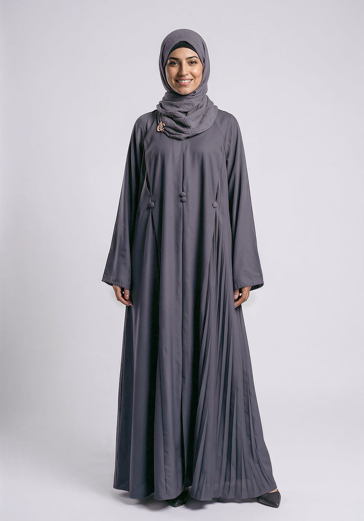 Front Closed Pleated Button Abaya - Grey