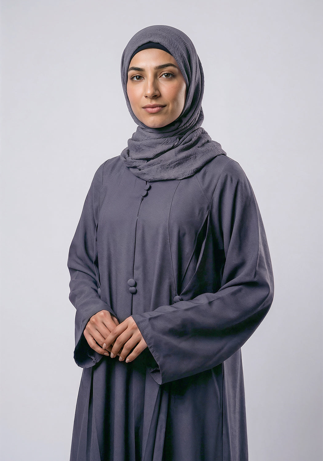 Front Closed Pleated Button Abaya - Grey