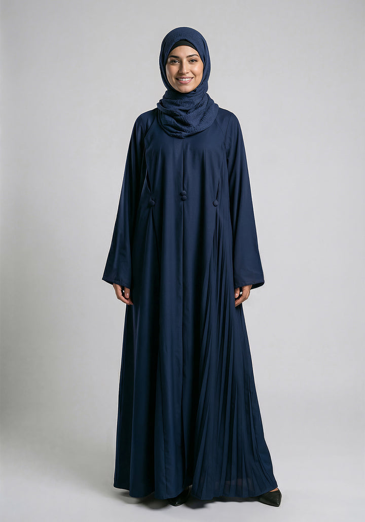 Front Closed Pleated Button Abaya - Navy Blue