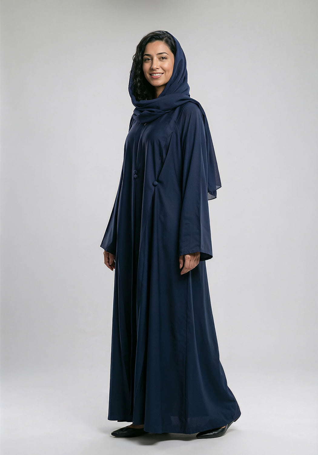 Front Closed Pleated Button Abaya - Navy Blue