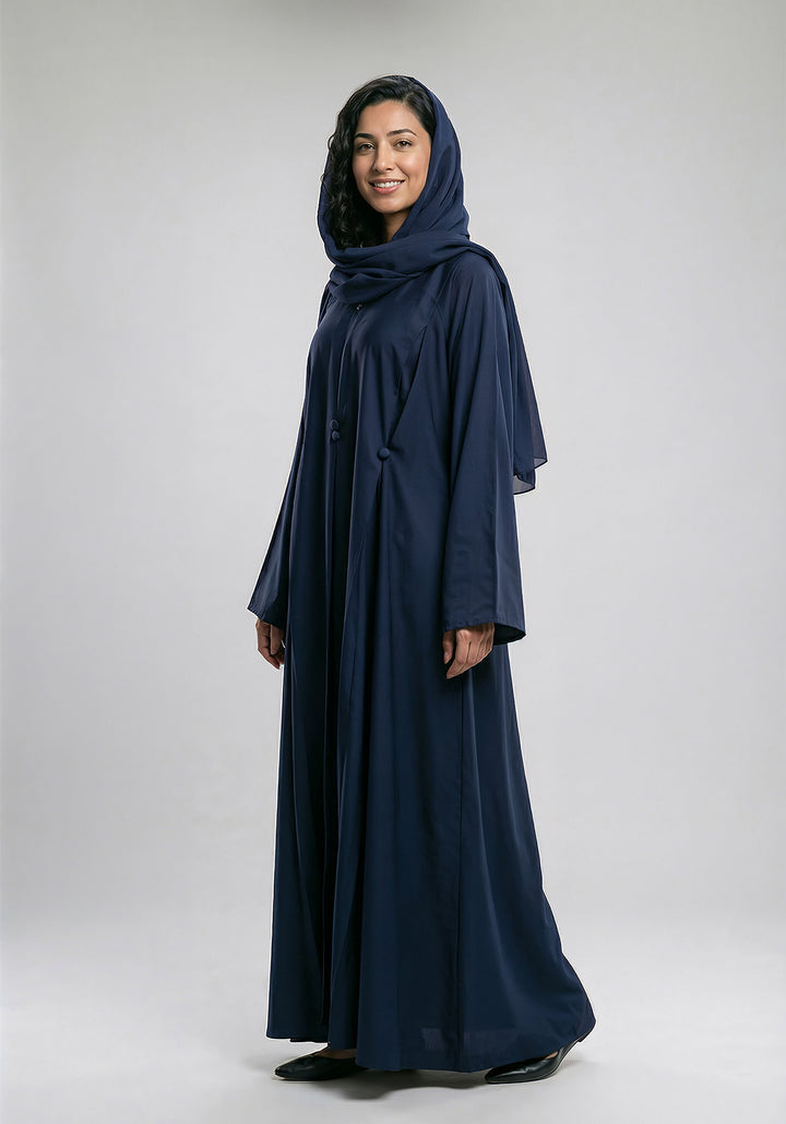 Front Closed Pleated Button Abaya - Navy Blue