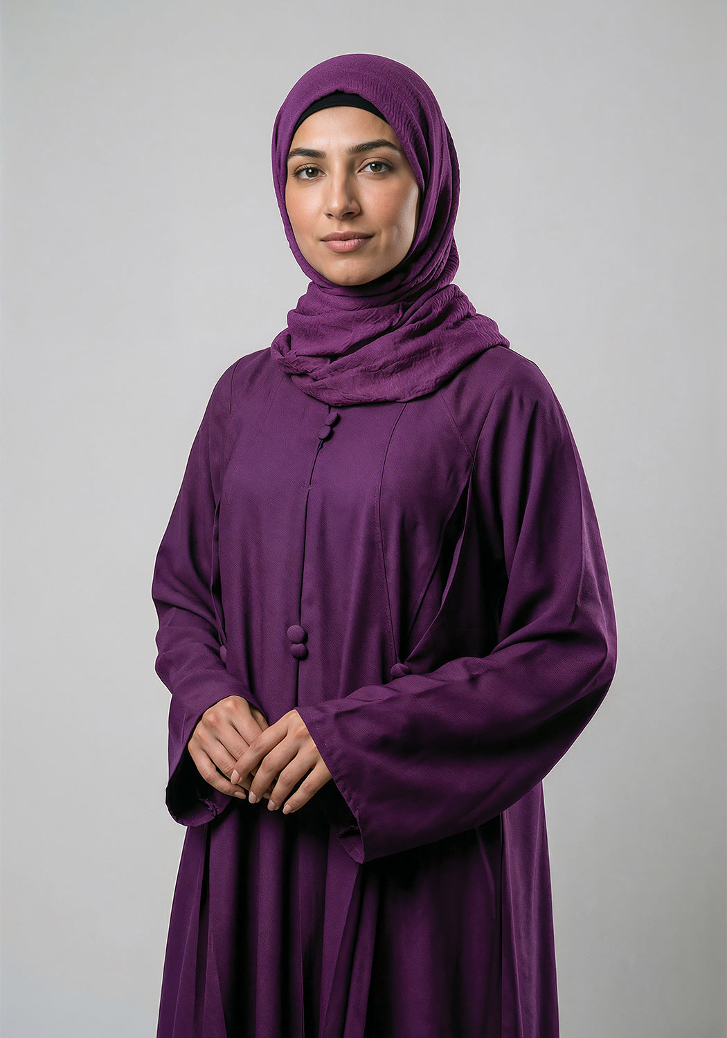Front Closed Pleated Button Abaya - Purple