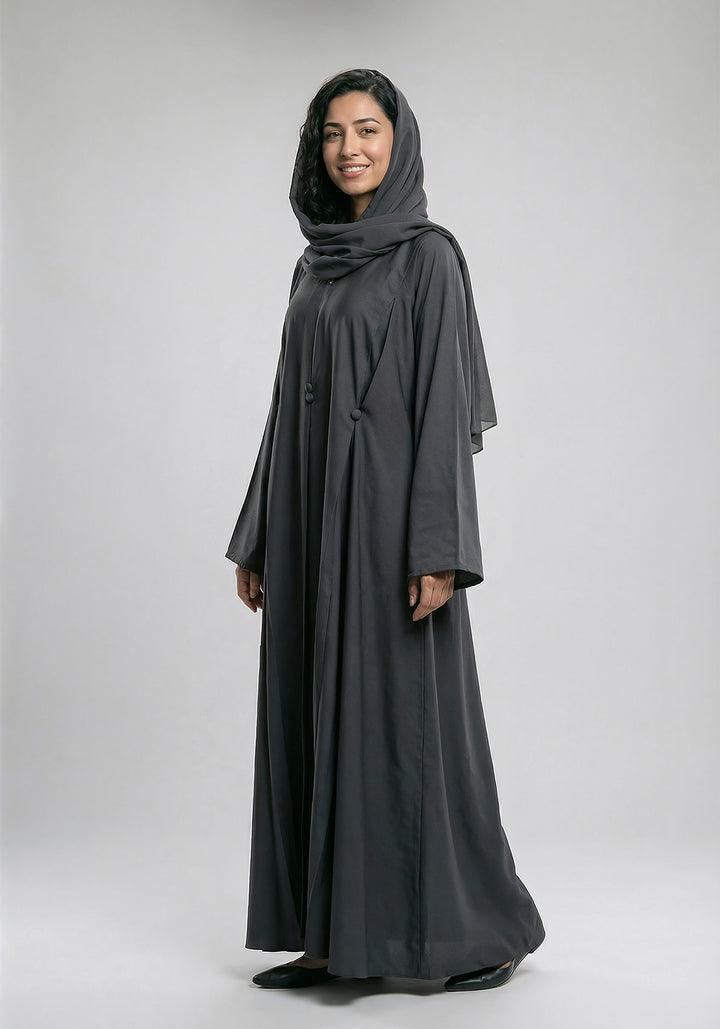 Free Size Pleated Button Abaya - Charcole