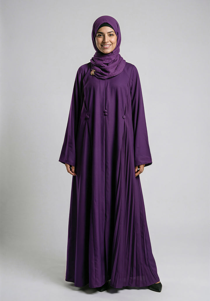 Front Closed Pleated Button Abaya - Purple