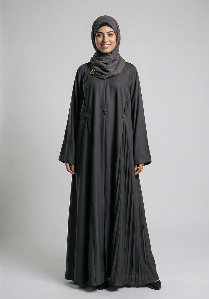 Free Size Pleated Button Abaya - Charcole