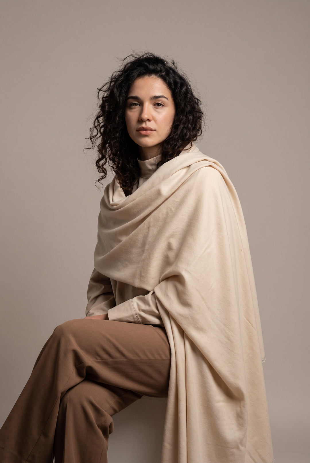 Woolen Cashmere Shawl-Cream