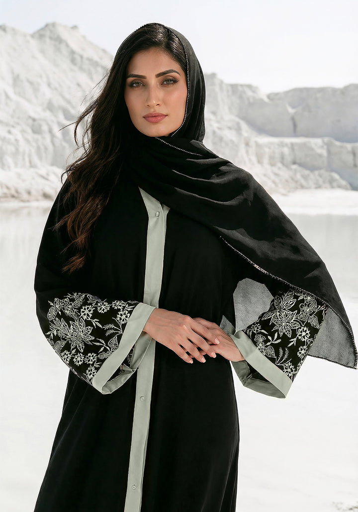 Black Front Open Embroidered  Abaya