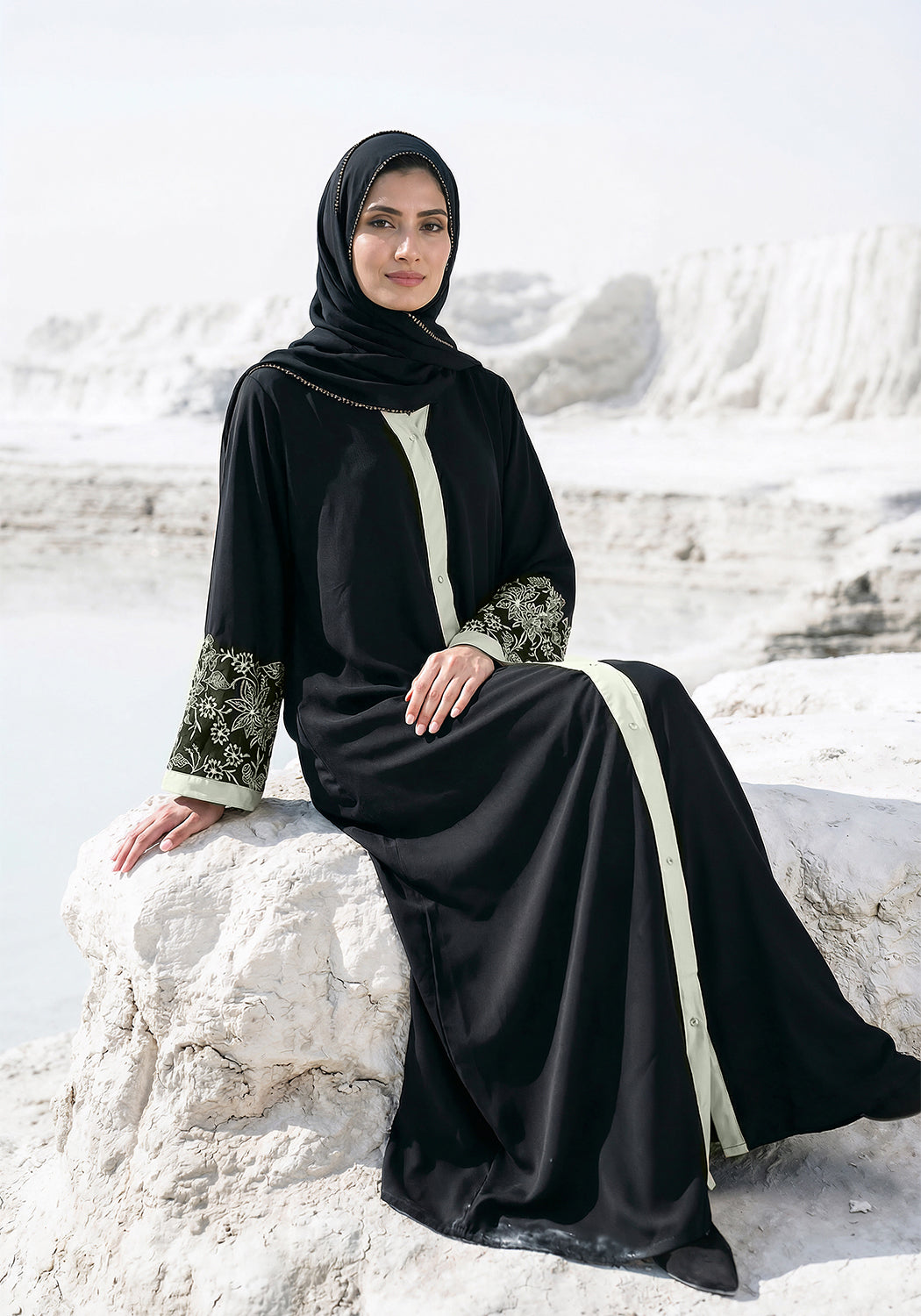 Black Front Open Embroidered  Abaya