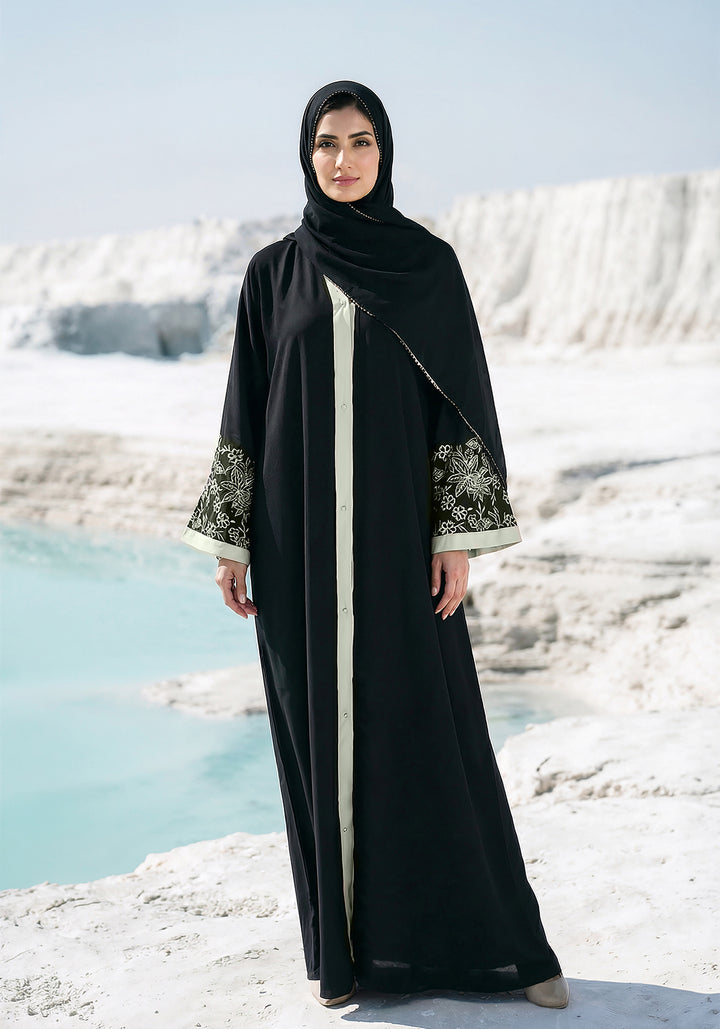 Black Front Open Embroidered  Abaya
