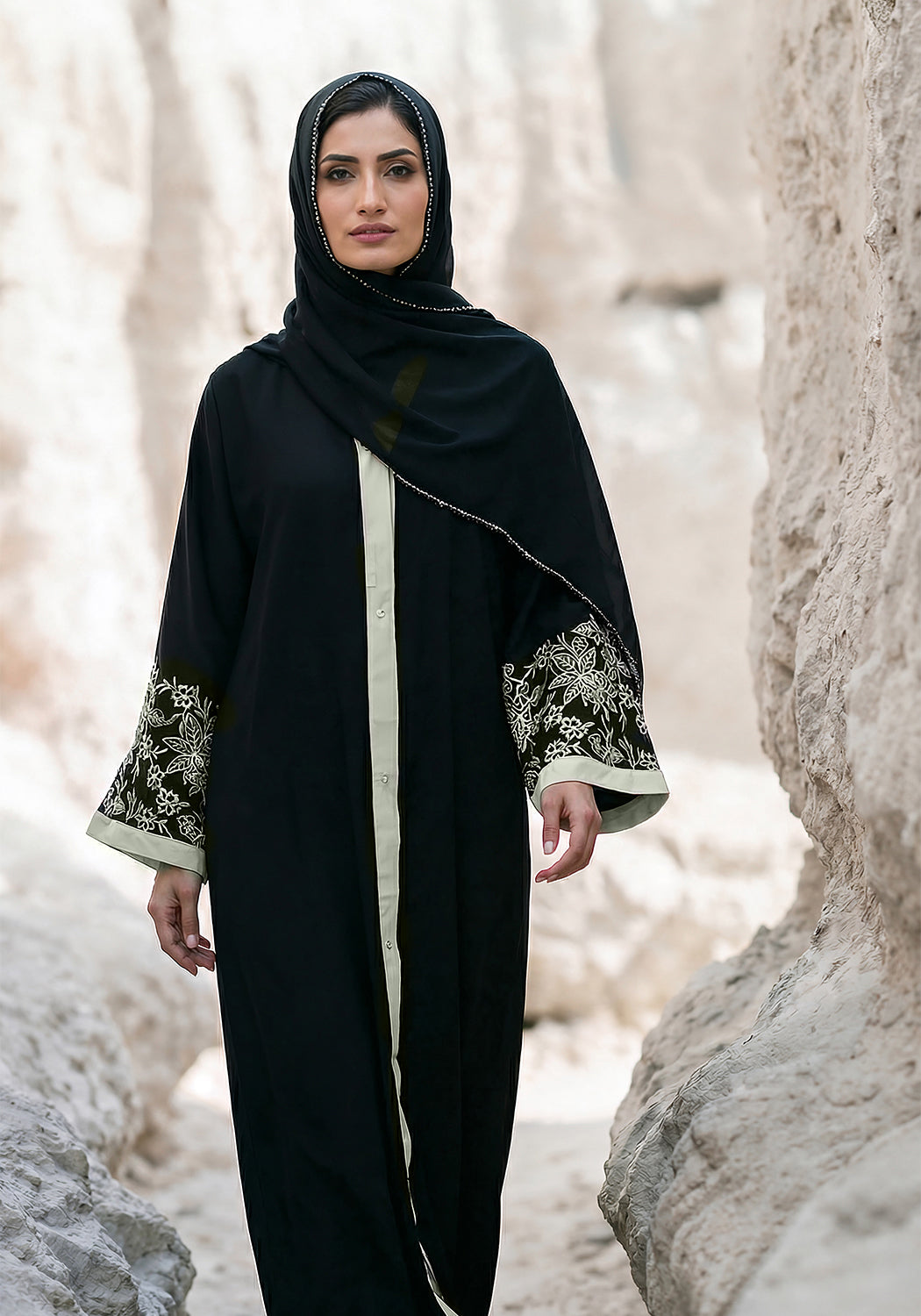 Black Front Open Embroidered  Abaya