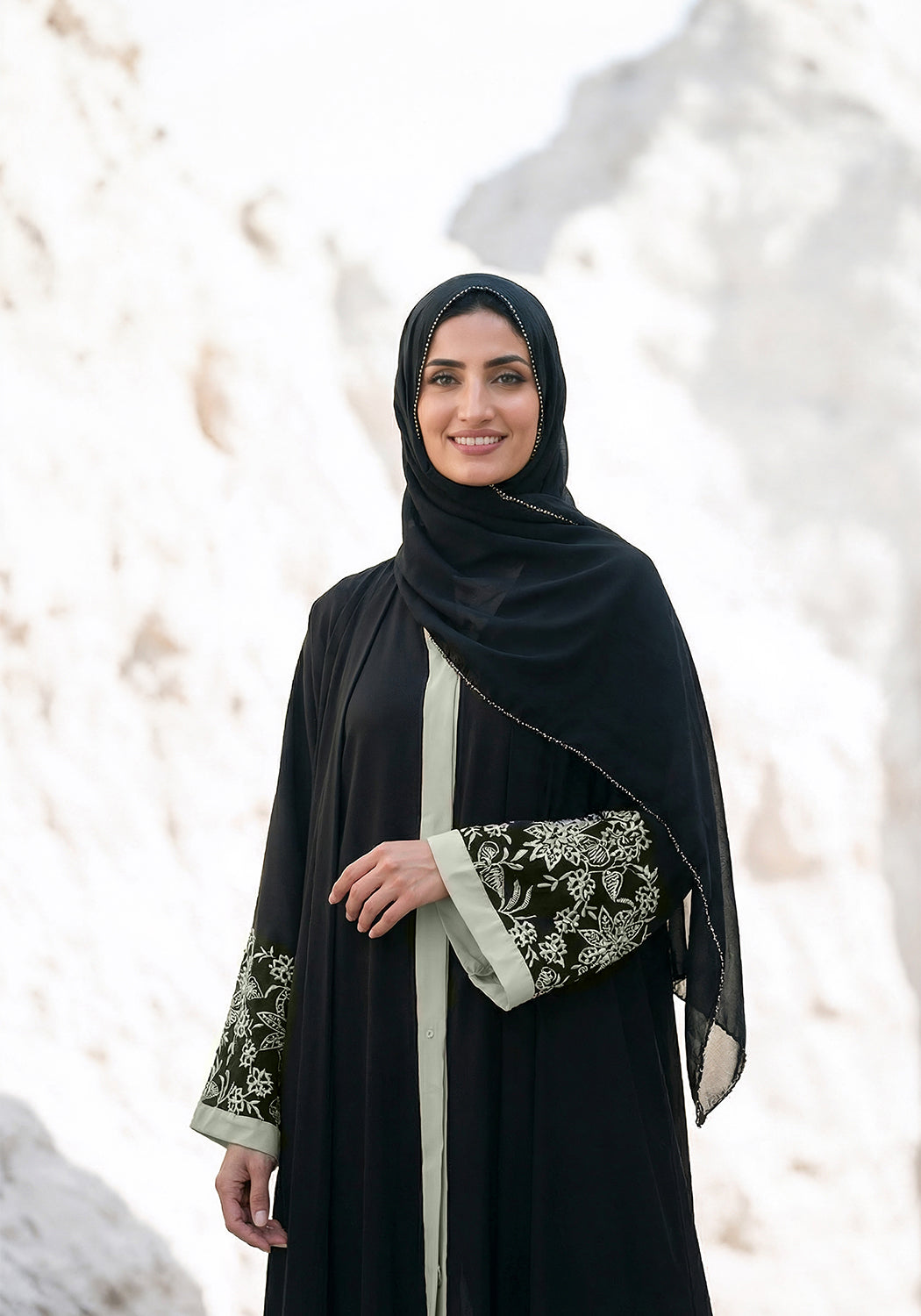 Black Front Open Embroidered  Abaya