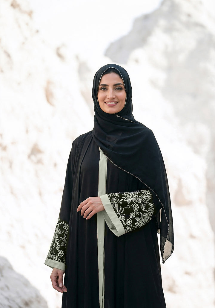 Black Front Open Embroidered  Abaya