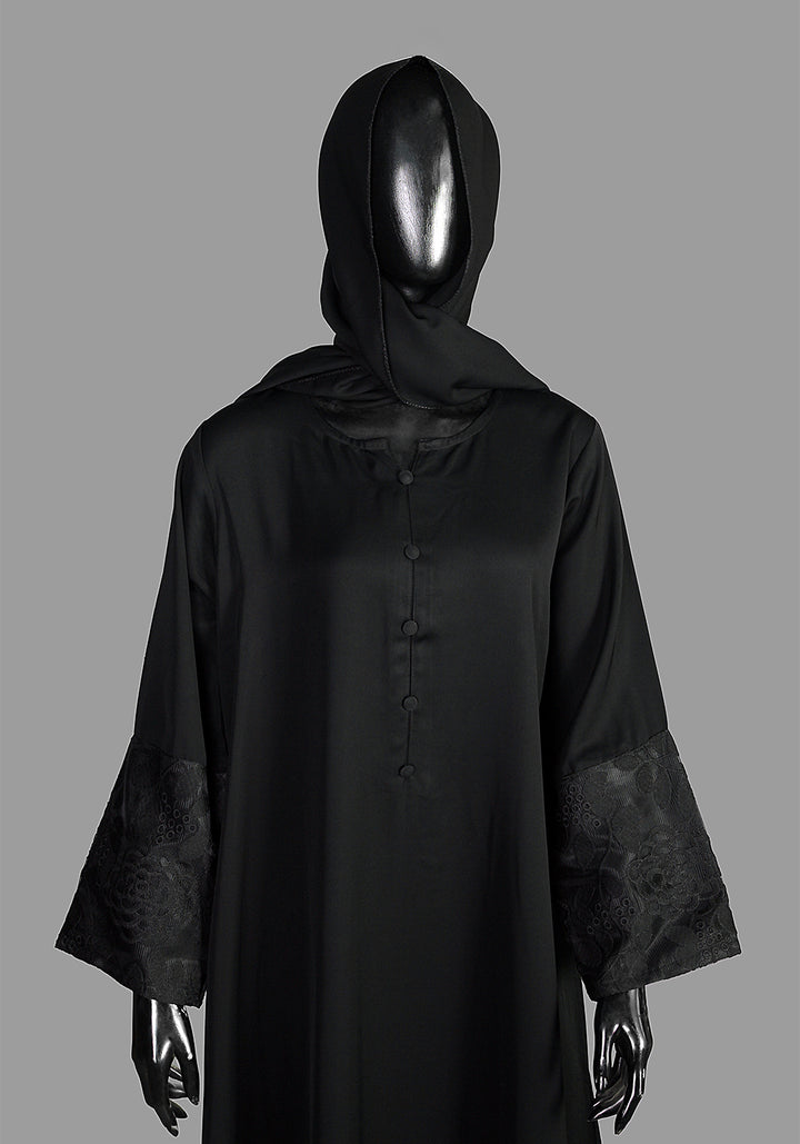 Black Front Close Embroidered  Abaya