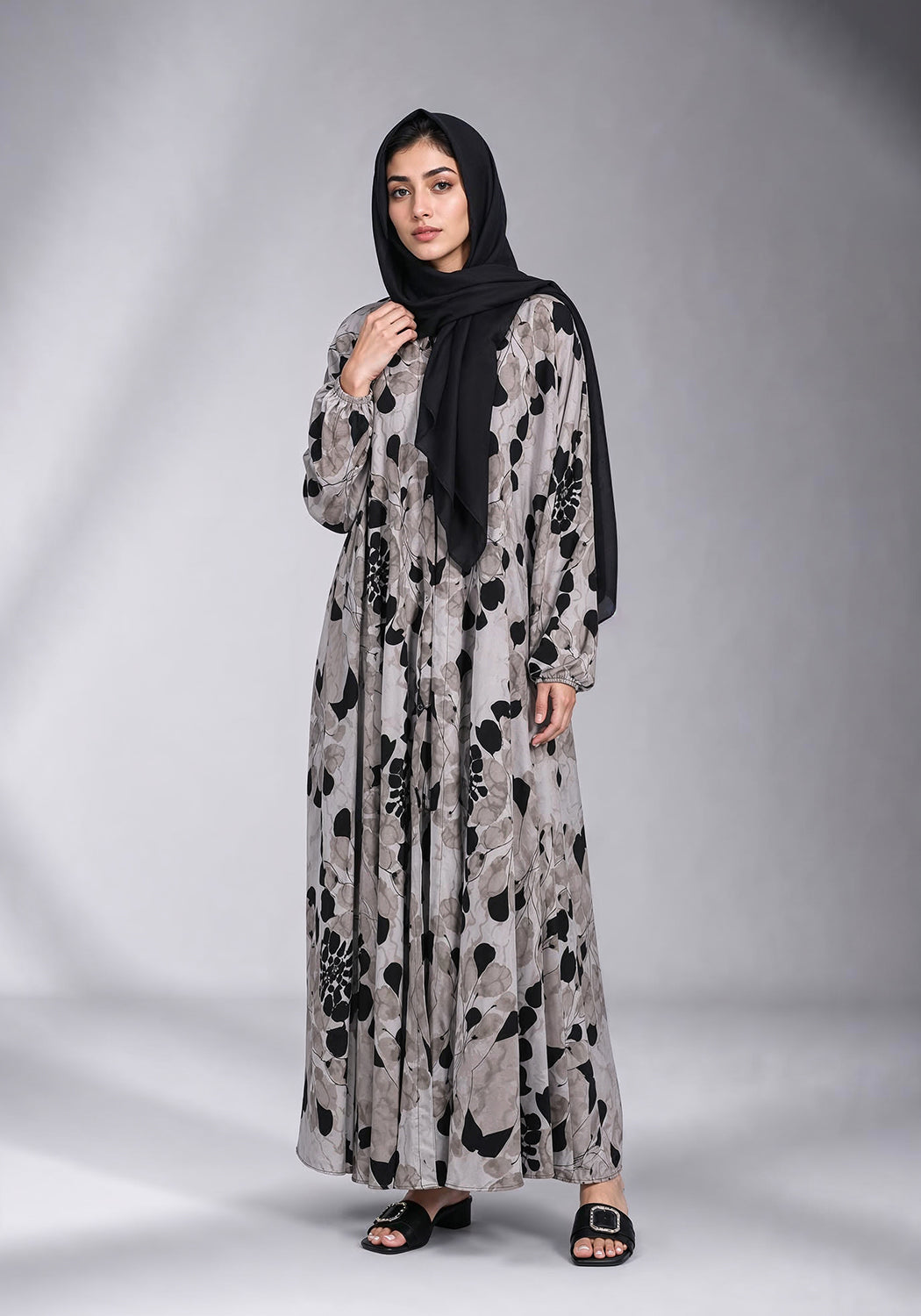 Black Grey Printed Abaya